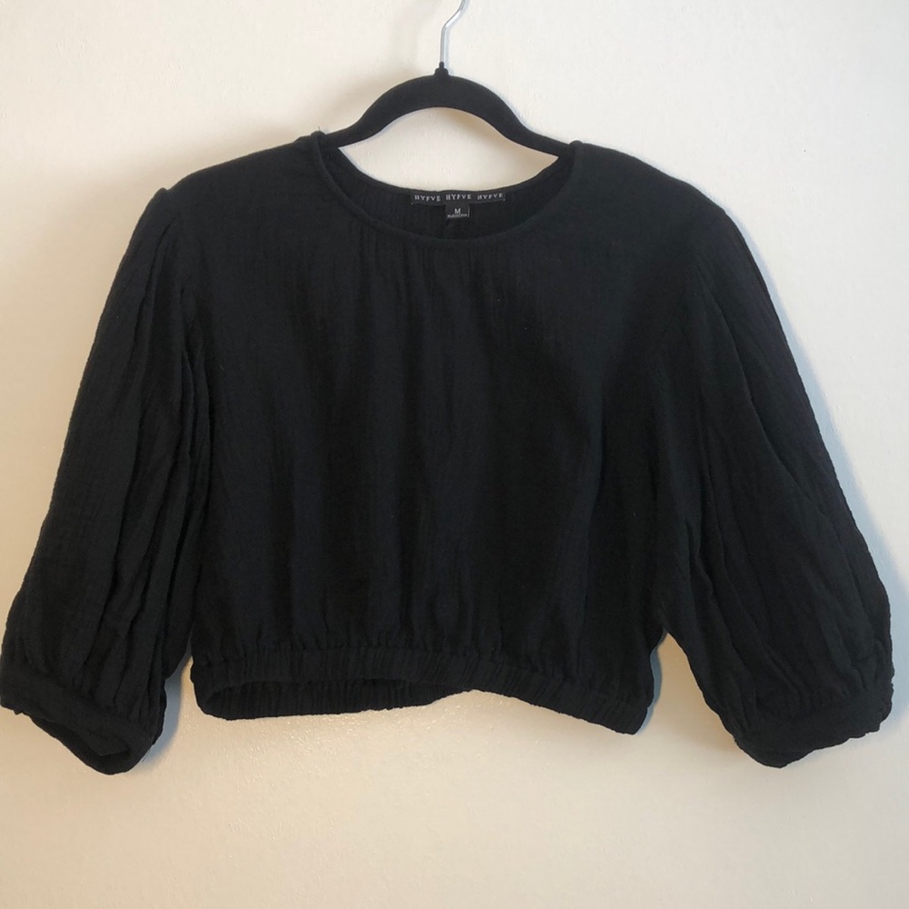 HYFVE Womens Black Puff Sleeve Top Cropped Size M Coastal Cottagecore
